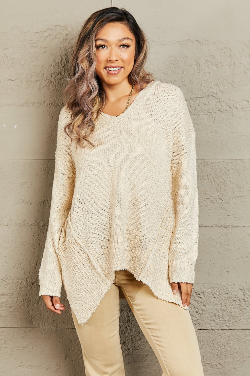 Heimish By The Fire Full Size Draped Detail Knit Sweater - Global Village Kailua Boutique