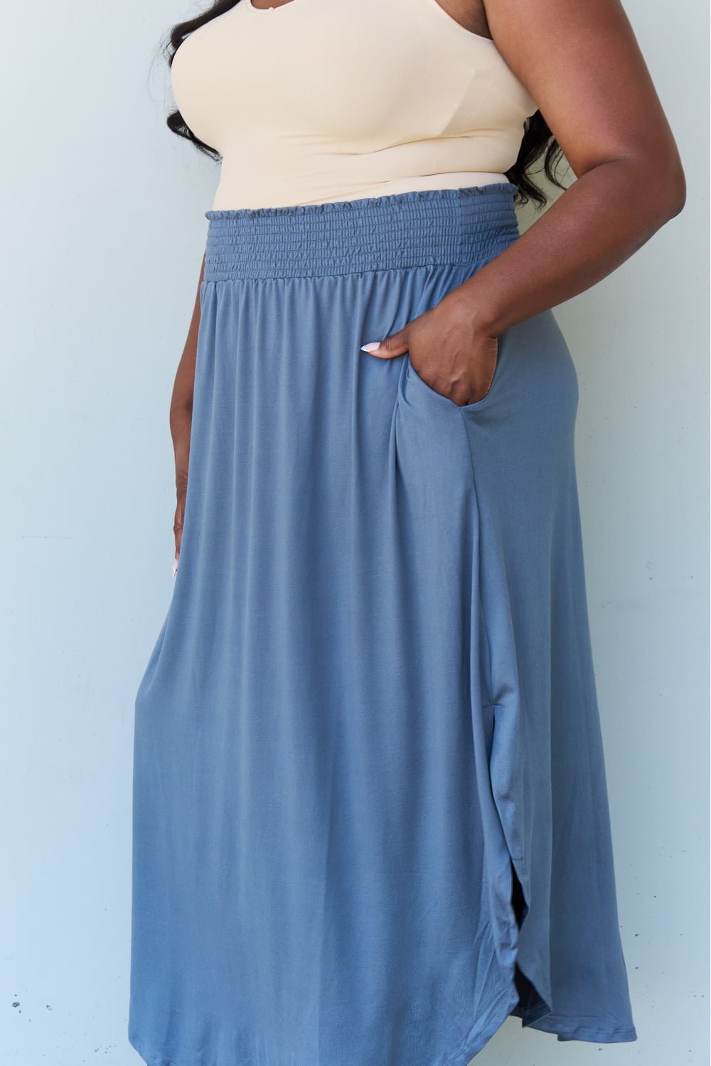 High Waist Scoop Hem Maxi Skirt in Dusty Blue - Global Village Kailua Boutique