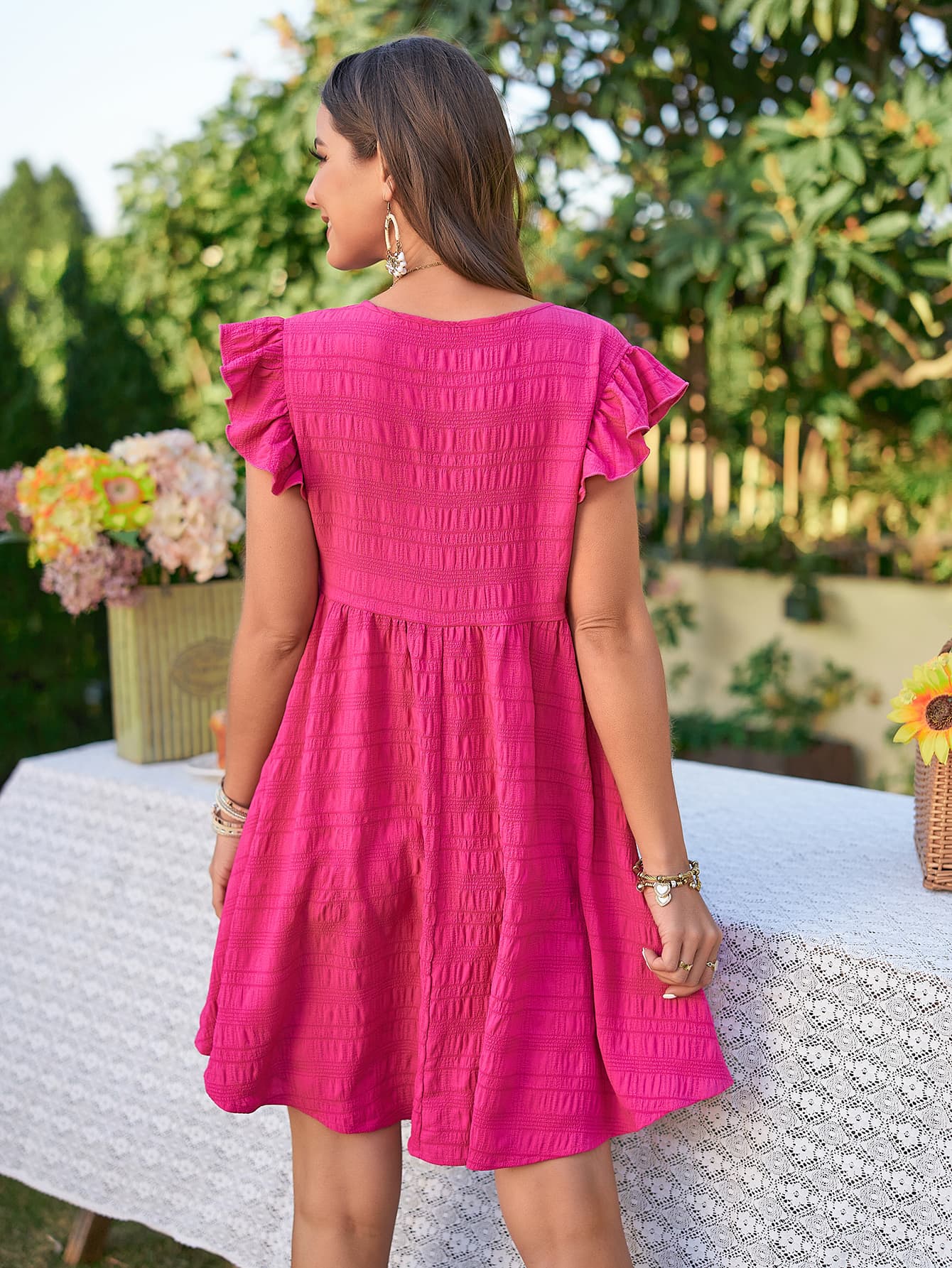 Hot Pink Textured Flutter Sleeve Dress - Global Village Kailua Boutique