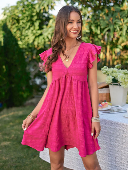 Hot Pink Textured Flutter Sleeve Dress - Global Village Kailua Boutique