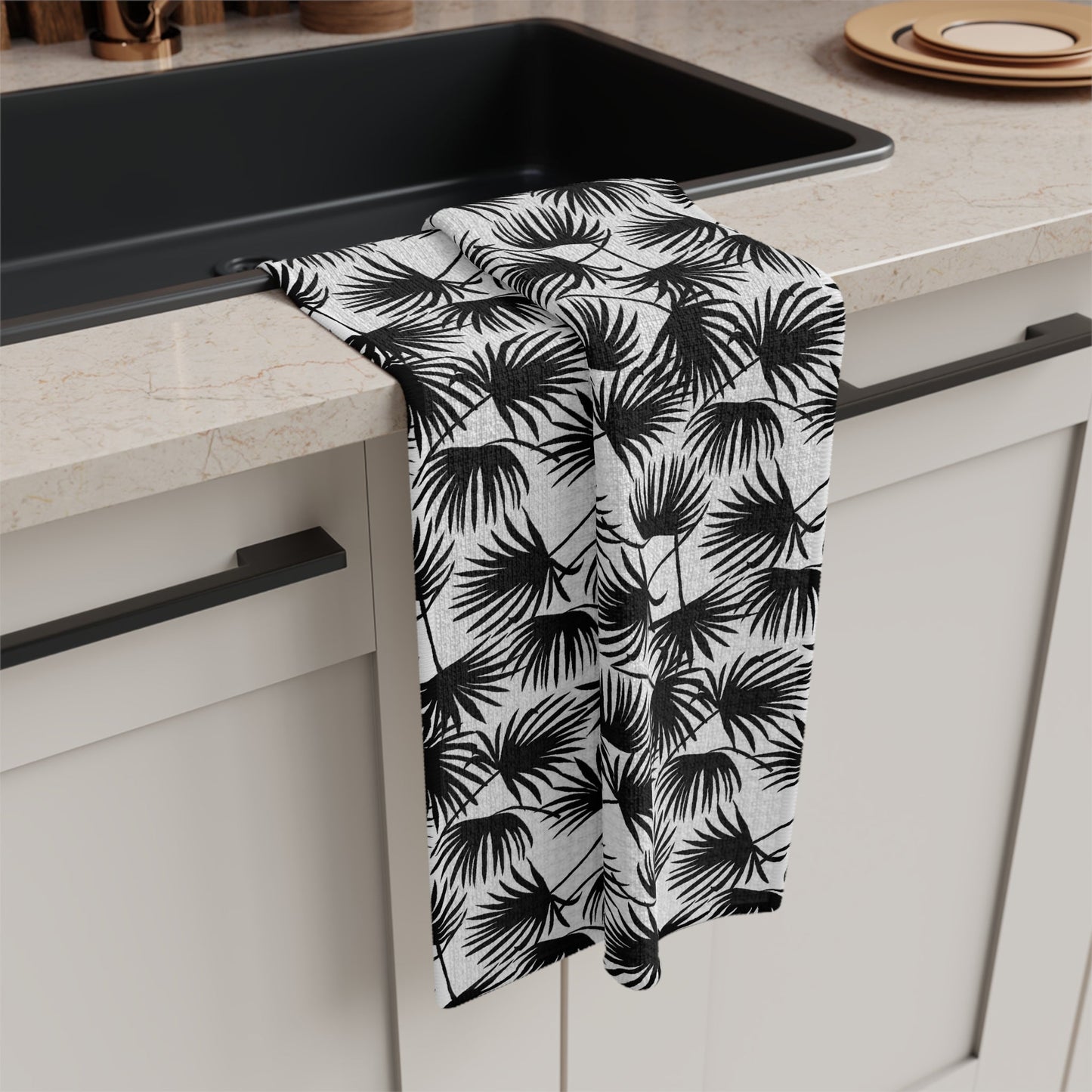 Kitchen Towel Palm Fan Black & White - Global Village Kailua Boutique