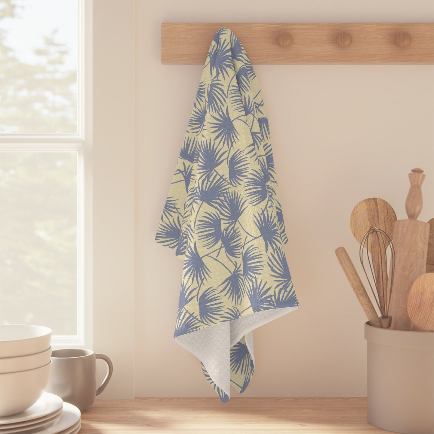 Kitchen Towel Palm Fan Pale Yellow Stone Blue - Global Village Kailua Boutique