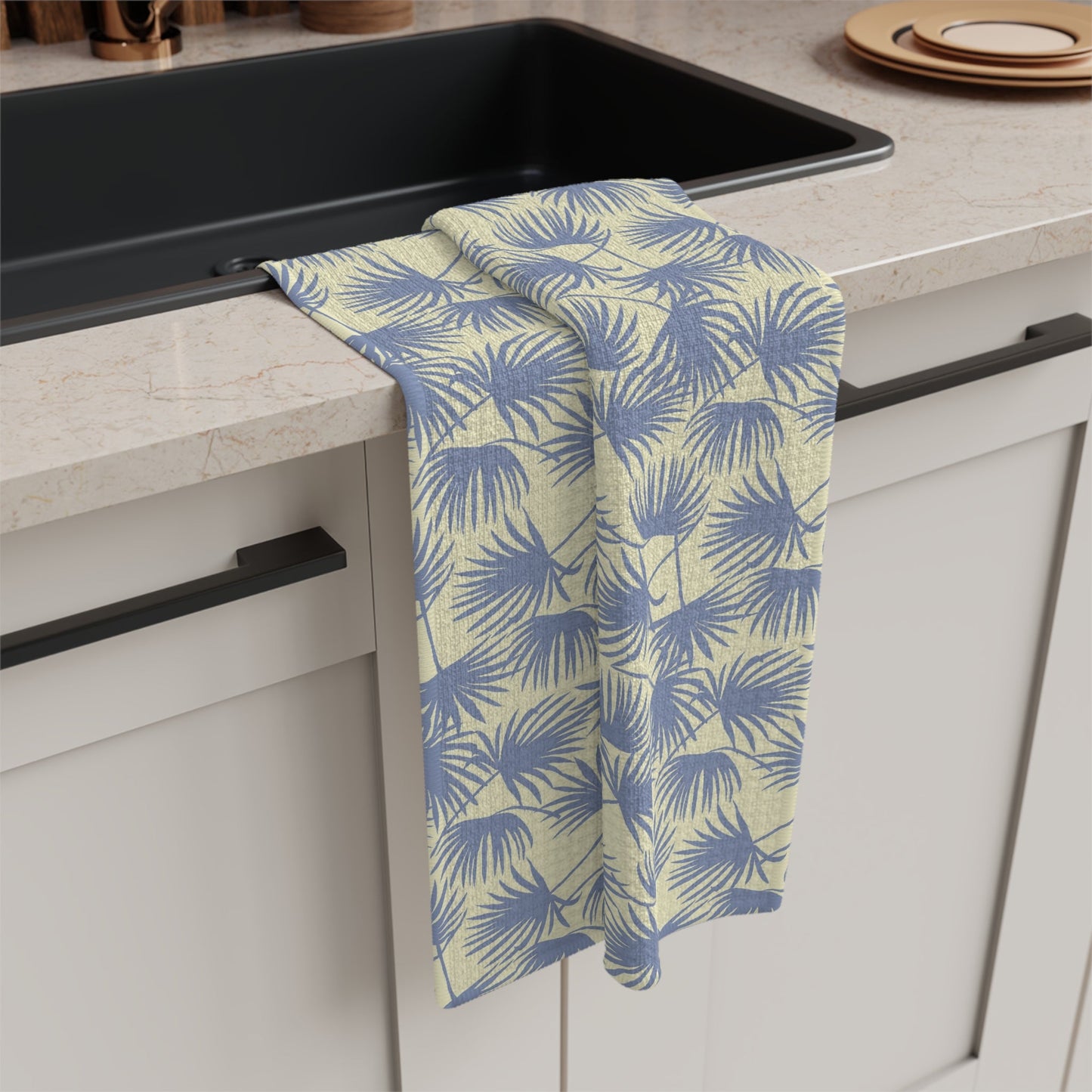 Kitchen Towel Palm Fan Pale Yellow Stone Blue - Global Village Kailua Boutique