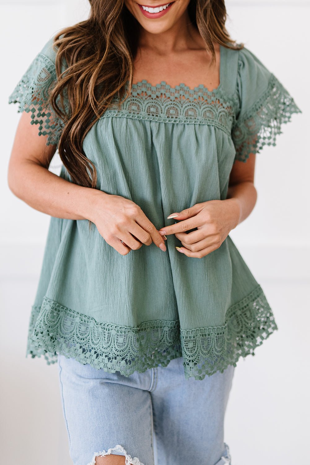 Lace Detail Square Neck Short Sleeve Top Global Village Kailua Boutique