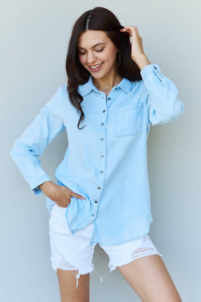 Long Sleeve Denim Button Down Top Light Blue - Global Village Kailua Boutique