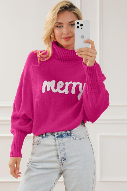 Merry Letter Embroidered High Neck Sweater - Global Village Kailua Boutique