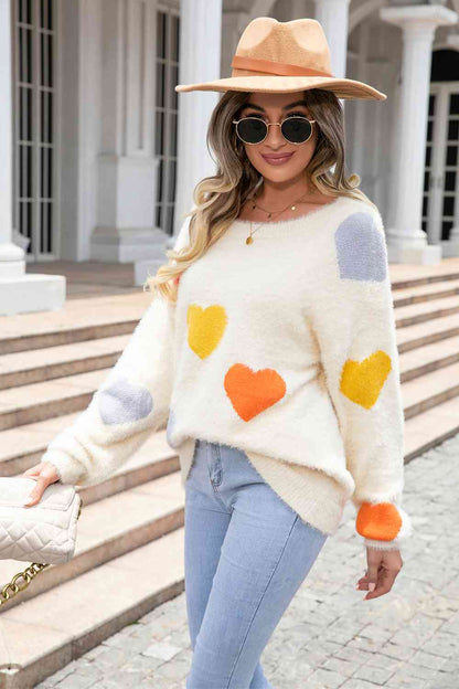 Multi Color Heart Print Sweater - Global Village Kailua Boutique