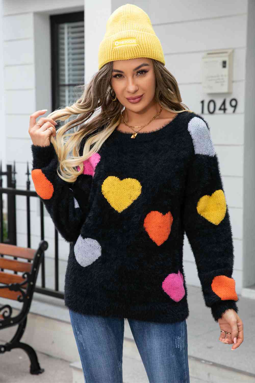 Multi Color Heart Print Sweater - Global Village Kailua Boutique
