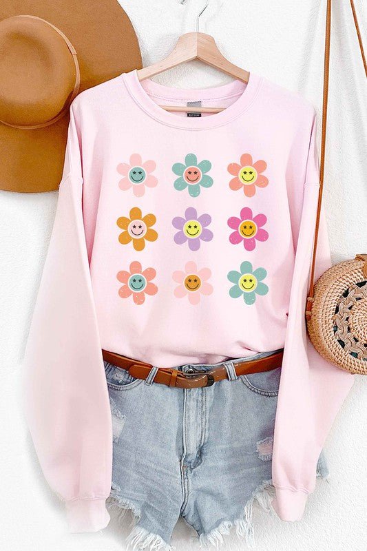 Smiley Flower Graphic Sweatshirt Global Village Kailua Boutique