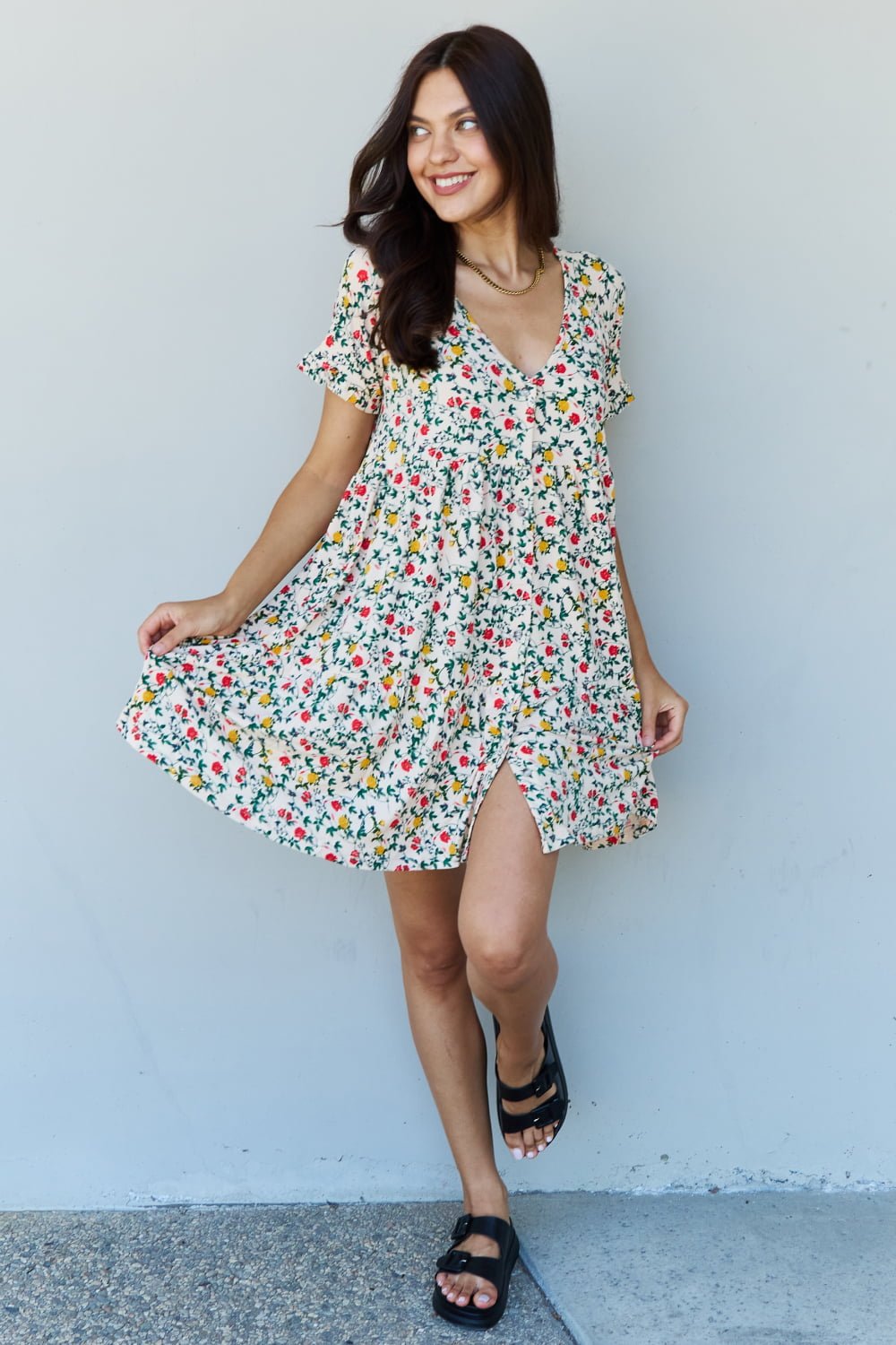 Ninexis Follow Me Full Size V-Neck Ruffle Sleeve Floral Dress - Global Village Kailua Boutique