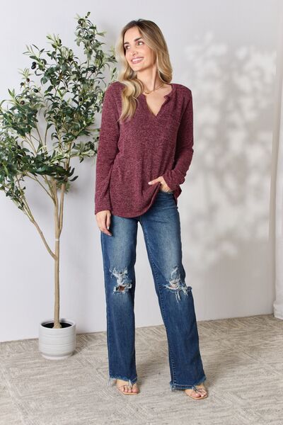 Notched Long Sleeve Top - Global Village Kailua Boutique