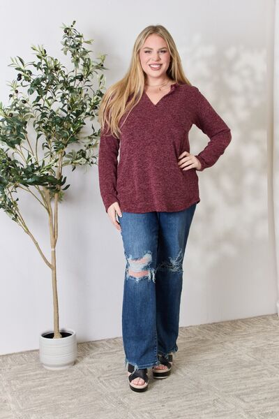 Notched Long Sleeve Top - Global Village Kailua Boutique