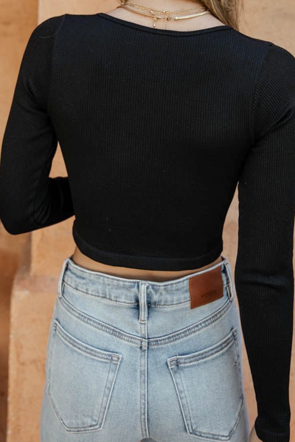 Notched Neck Long Sleeve Cropped Top - Global Village Kailua Boutique