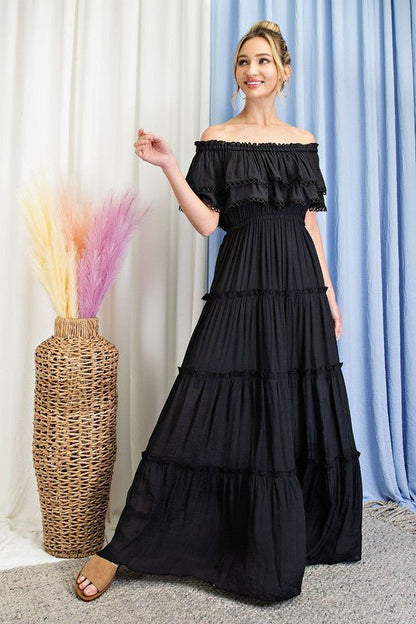 Off the Shoulder Ruffle Maxi Dress - Global Village Kailua Boutique