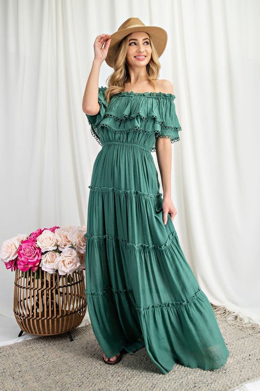 Off the Shoulder Ruffle Maxi Dress - Global Village Kailua Boutique