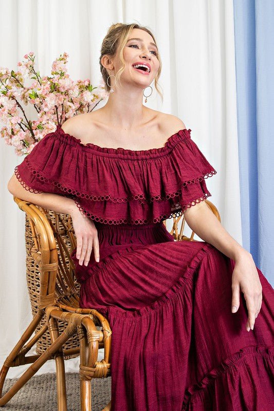 Off the Shoulder Ruffle Maxi Dress - Global Village Kailua Boutique