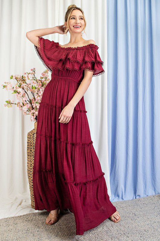 Off the Shoulder Ruffle Maxi Dress - Global Village Kailua Boutique