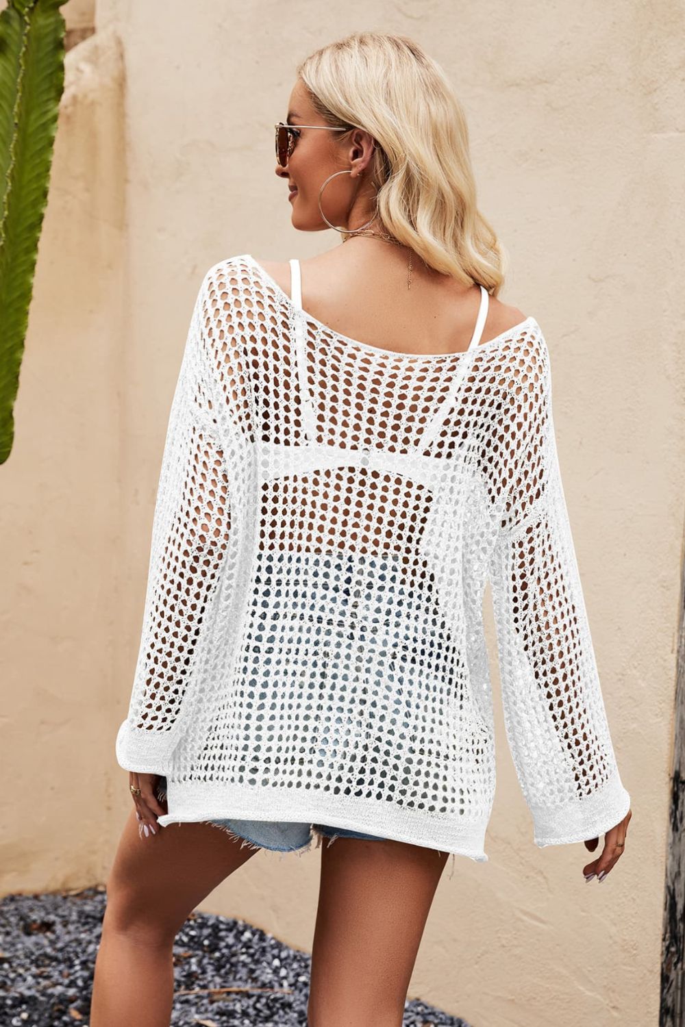 Openwork Round Neck Long Sleeve Cover Up - Global Village Kailua Boutique
