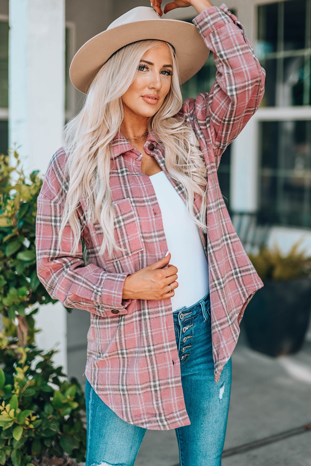 Plaid Curved Hem Longline Shacket - Global Village Kailua Boutique