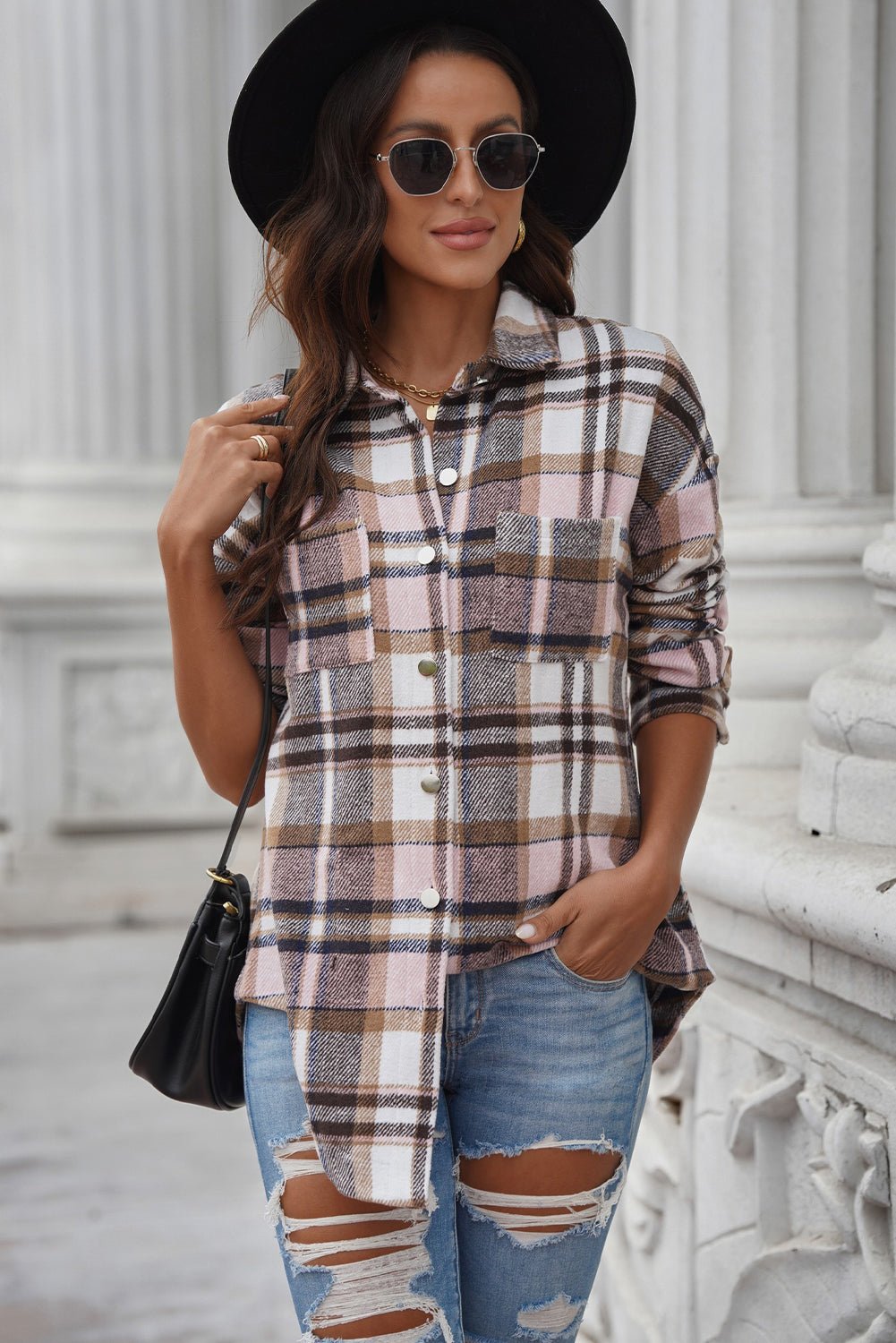 Plaid Curved Hem Longline Shacket - Global Village Kailua Boutique