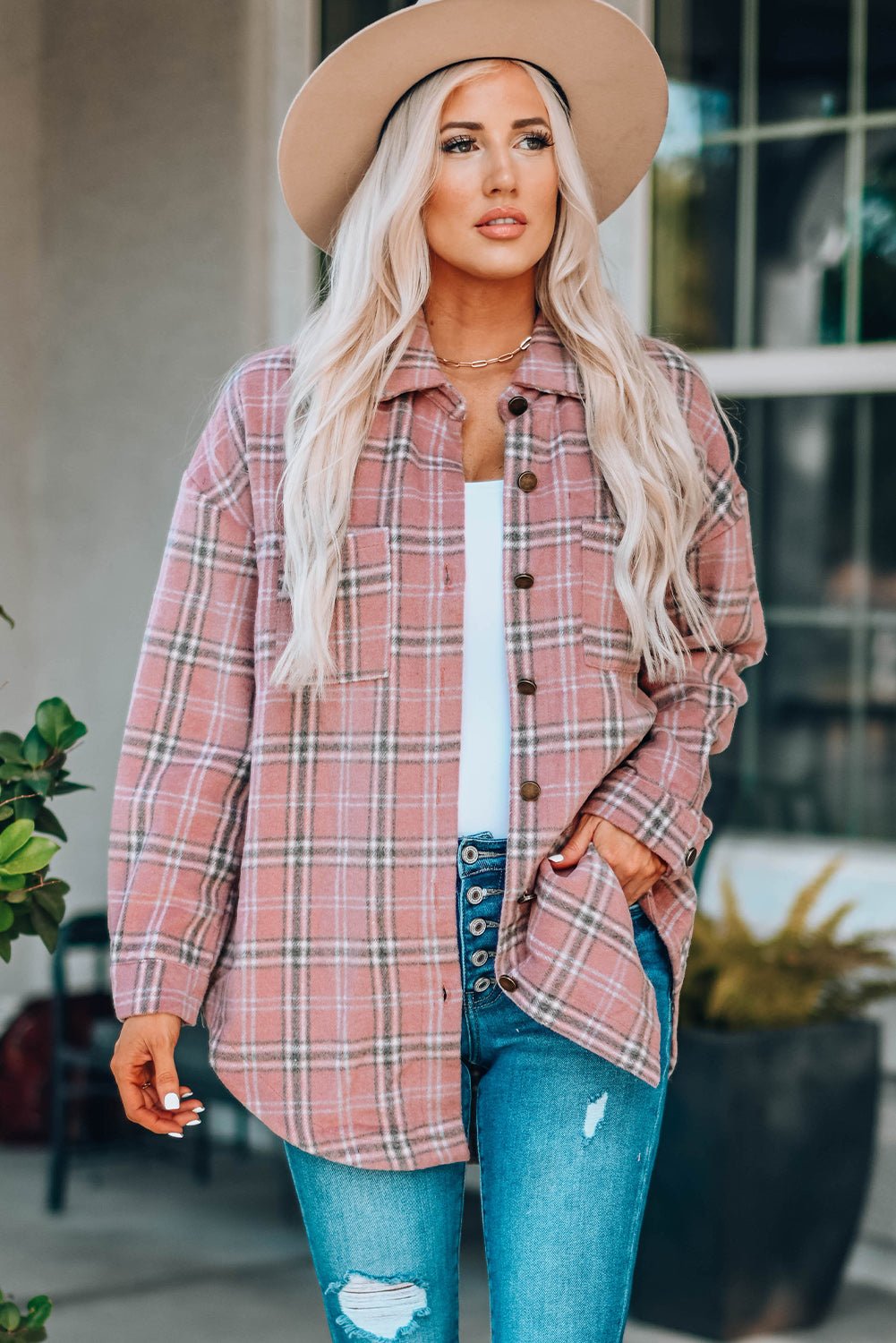 Plaid Curved Hem Longline Shacket - Global Village Kailua Boutique