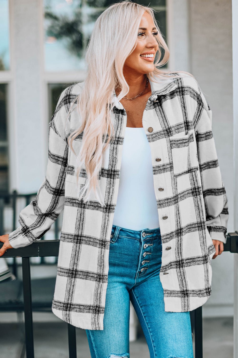 Plaid Curved Hem Longline Shacket - Global Village Kailua Boutique