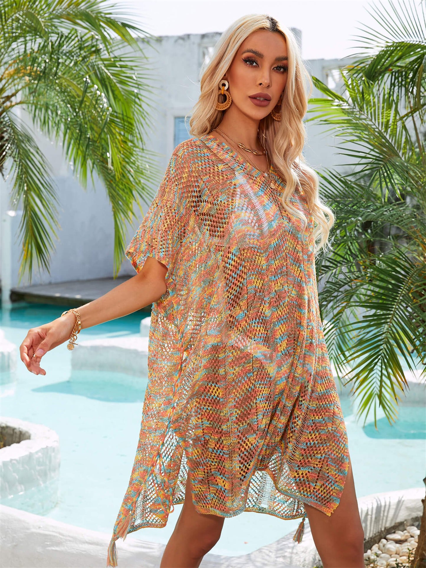 Printed Openwork Slit Cover-Up - Global Village Kailua Boutique