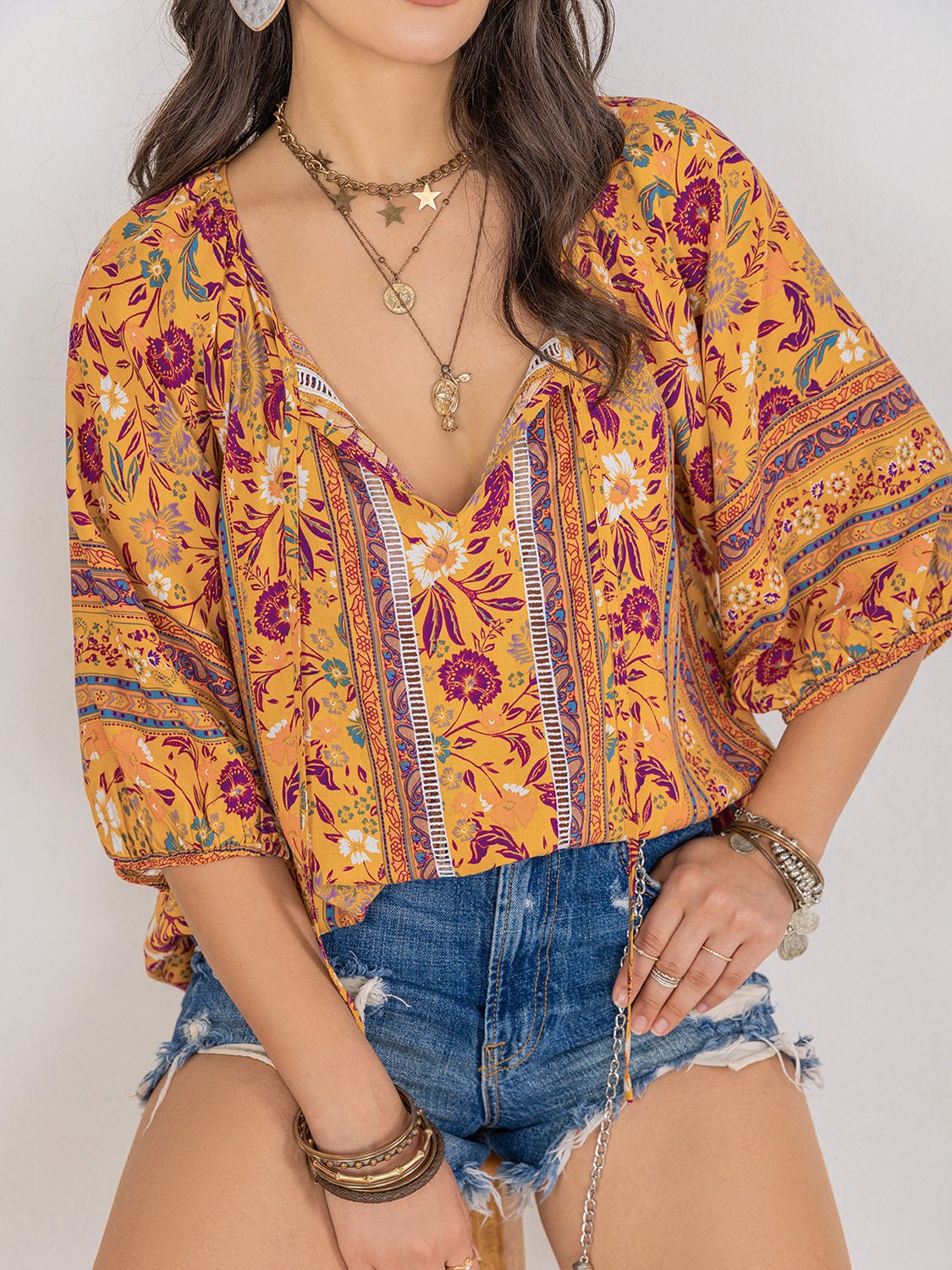 Printed Tie Neck Blouse - Global Village Kailua Boutique