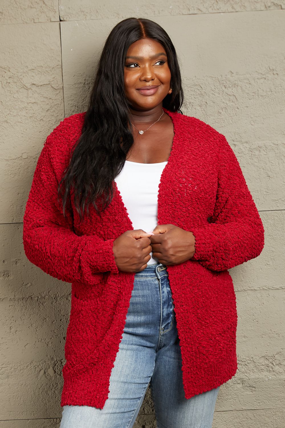 Red Long Open Front Popcorn Cardigan Global Village Kailua