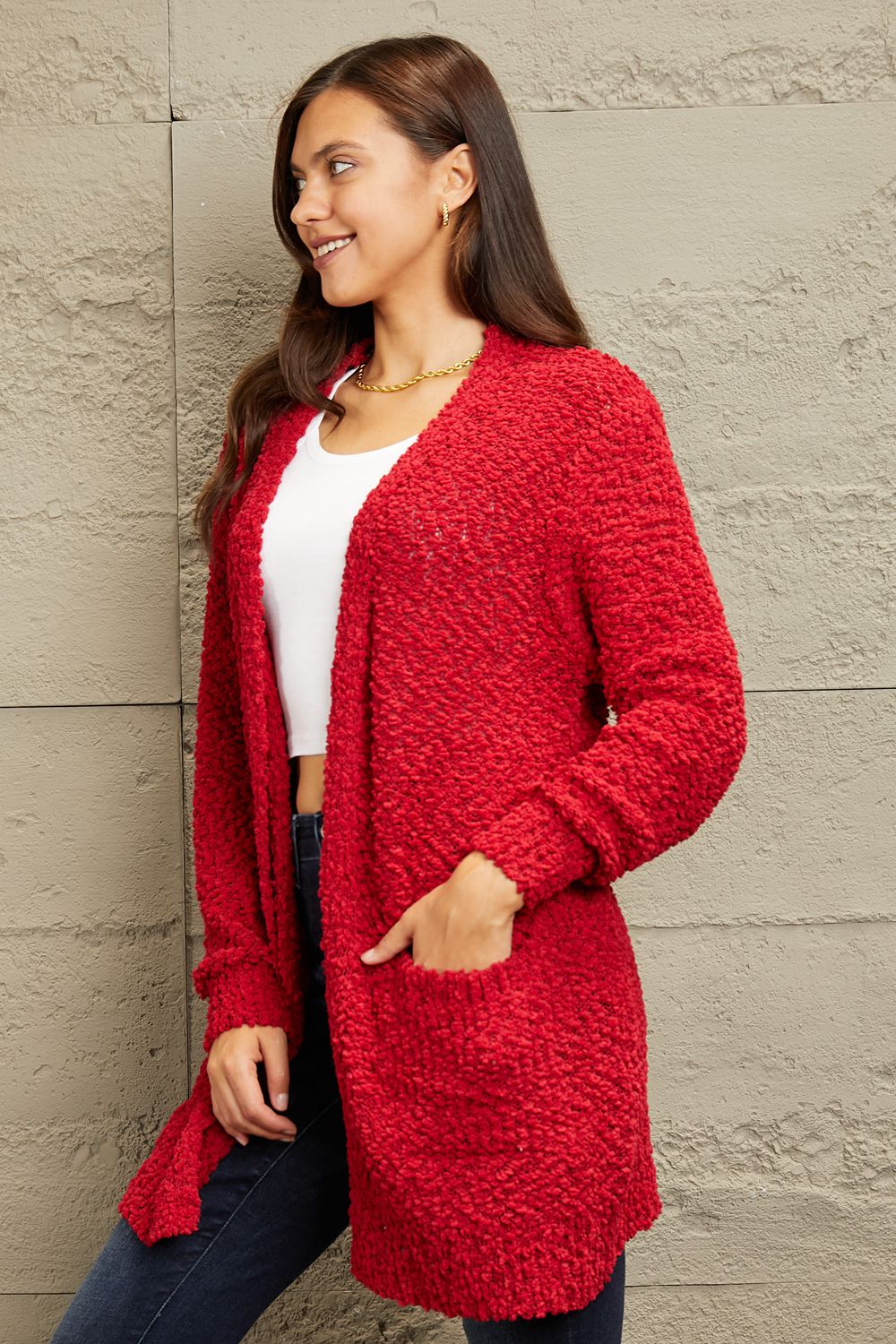 Red Long Open Front Popcorn Cardigan - Global Village Kailua Boutique