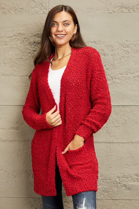 Red Long Open Front Popcorn Cardigan - Global Village Kailua Boutique