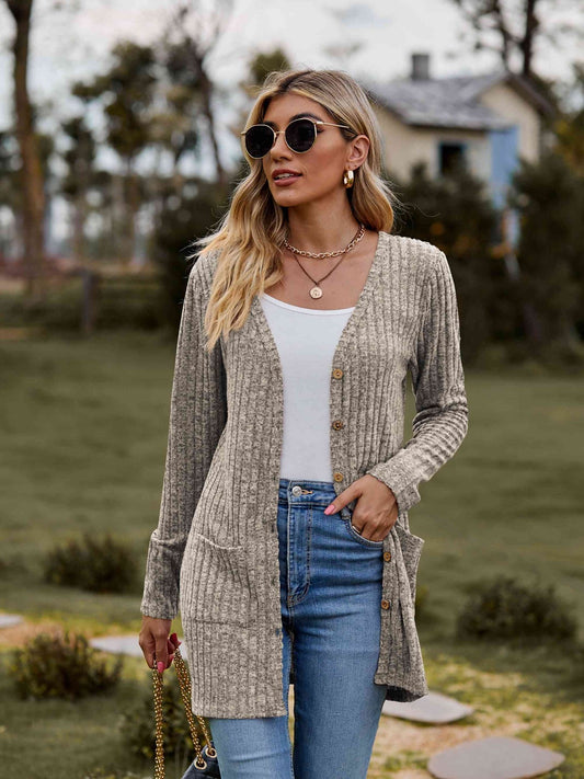 Ribbed Button Cardigan with Pockets Global Village Kailua Boutique