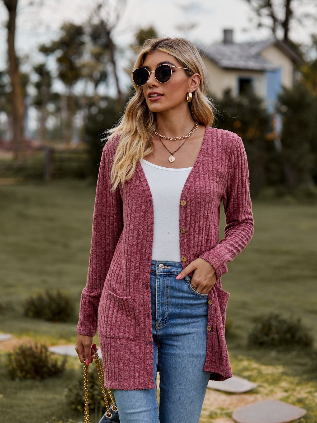 Ribbed Button Cardigan with Pockets - Global Village Kailua Boutique