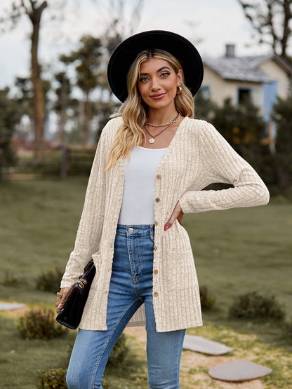 Ribbed Button Cardigan with Pockets - Global Village Kailua Boutique