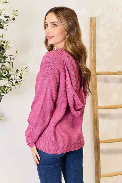 Ribbed Fringed V-Neck Hooded Sweater - Global Village Kailua Boutique