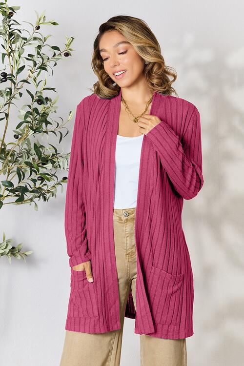 Ribbed Open Front Cardigan with Pockets - Global Village Kailua Boutique