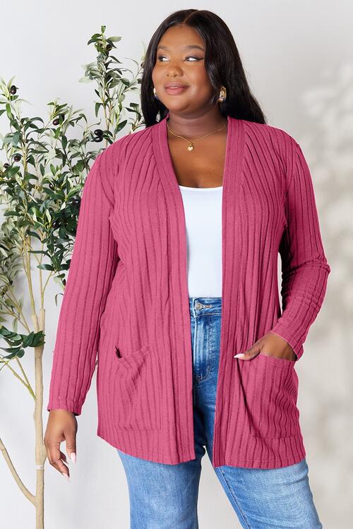 Ribbed Open Front Cardigan with Pockets - Global Village Kailua Boutique