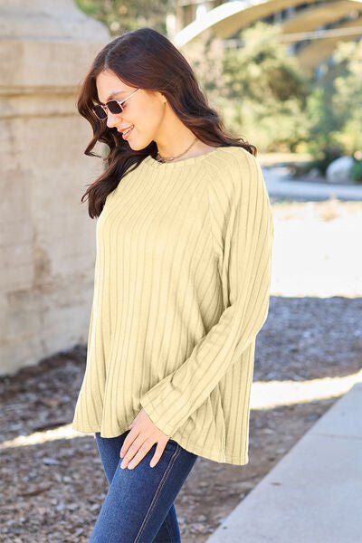 Ribbed Round Neck Long Sleeve Knit Top - Global Village Kailua Boutique