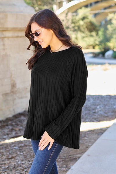 Ribbed Round Neck Long Sleeve Knit Top - Global Village Kailua Boutique