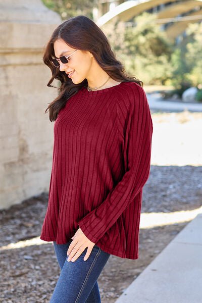 Ribbed Round Neck Long Sleeve Knit Top - Global Village Kailua Boutique