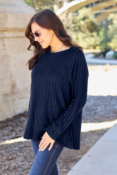 Ribbed Round Neck Long Sleeve Knit Top - Global Village Kailua Boutique
