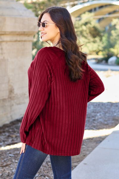 Ribbed Round Neck Long Sleeve Knit Top - Global Village Kailua Boutique