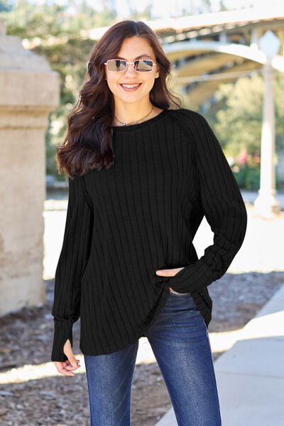 Ribbed Round Neck Long Sleeve Knit Top B - Global Village Kailua Boutique