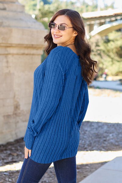Ribbed Round Neck Long Sleeve Knit Top B - Global Village Kailua Boutique