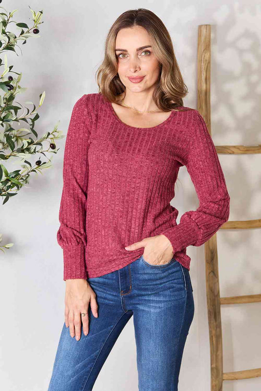 Ribbed Round Neck Long Sleeve Top - Global Village Kailua Boutique