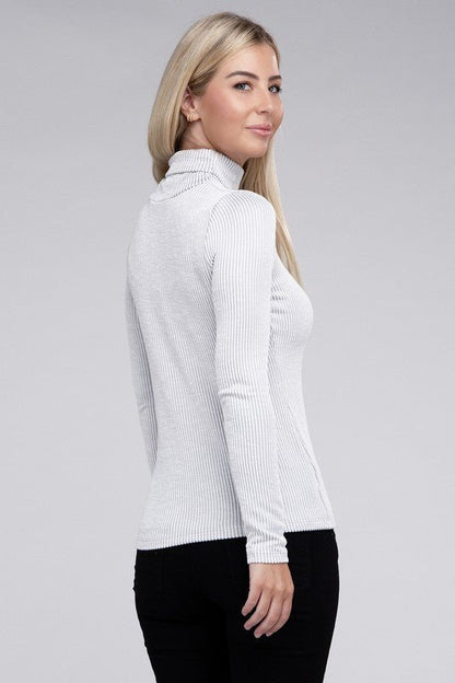 Ribbed Turtle Neck Long Sleeve Top - Global Village Kailua Boutique