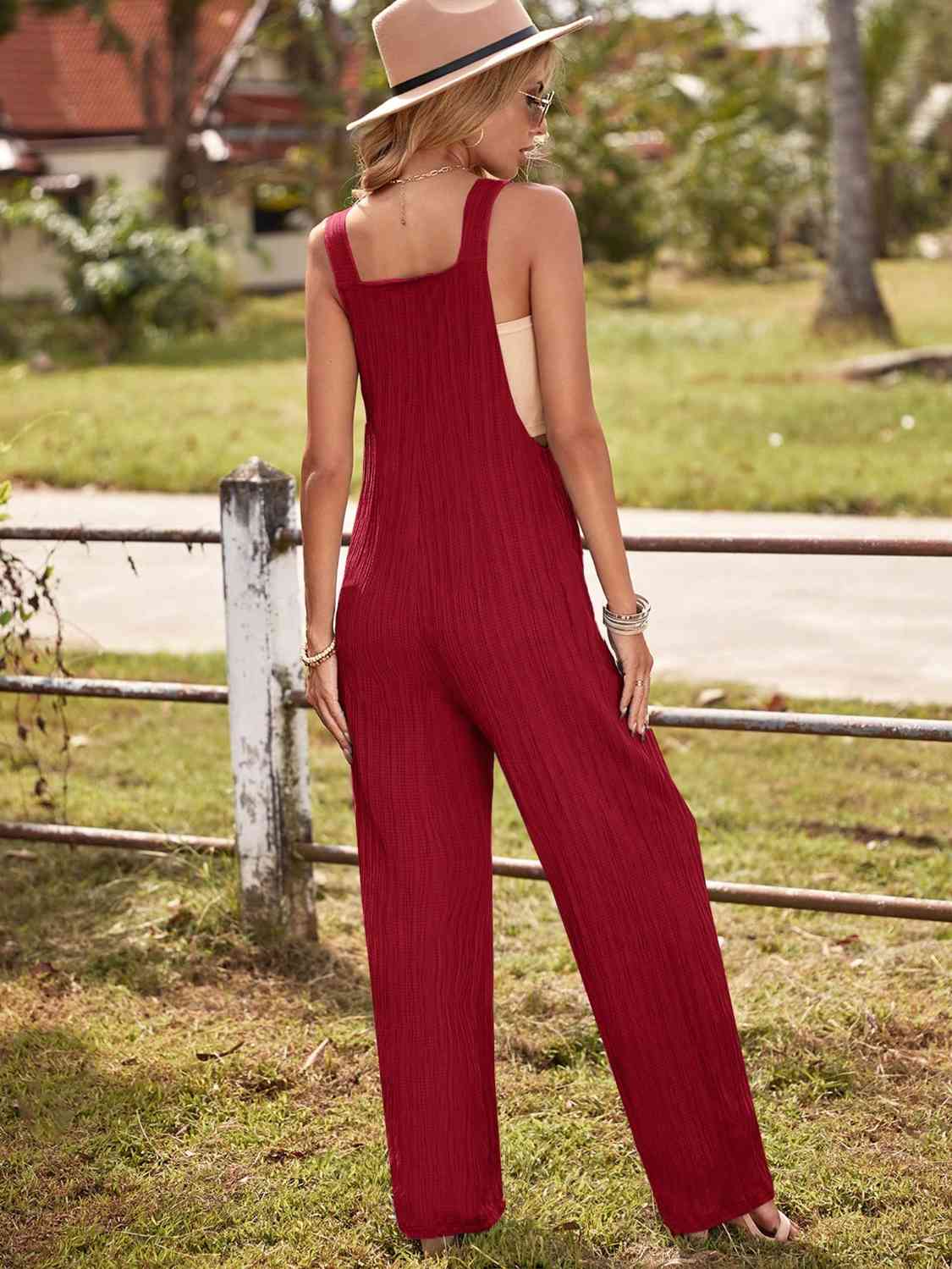 Round Neck Sleeveless Jumpsuit with Pockets - Global Village Kailua Boutique