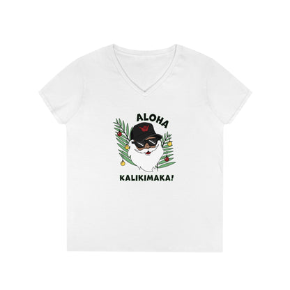 Santa Kalikimaka Womenʻs V Neck Tee - Global Village Kailua Boutique