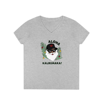 Santa Kalikimaka Womenʻs V Neck Tee - Global Village Kailua Boutique