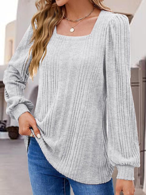 Square Neck Ribbed Long Sleeve Top - Global Village Kailua Boutique